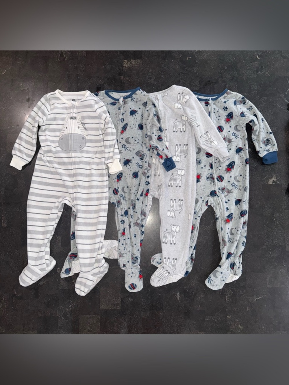 2T fleece footie pajamas - zebra, dogs, outer space